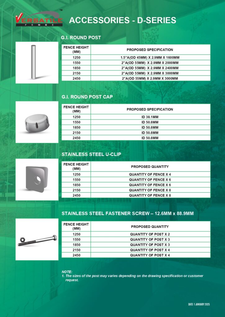 VERSATILE FENCE D-SERIES ACCESSORIES - ROUND POST - ROUND POST CAP - CLIP - FASTENER SCREW - YKVF - KUCHING_page-0001