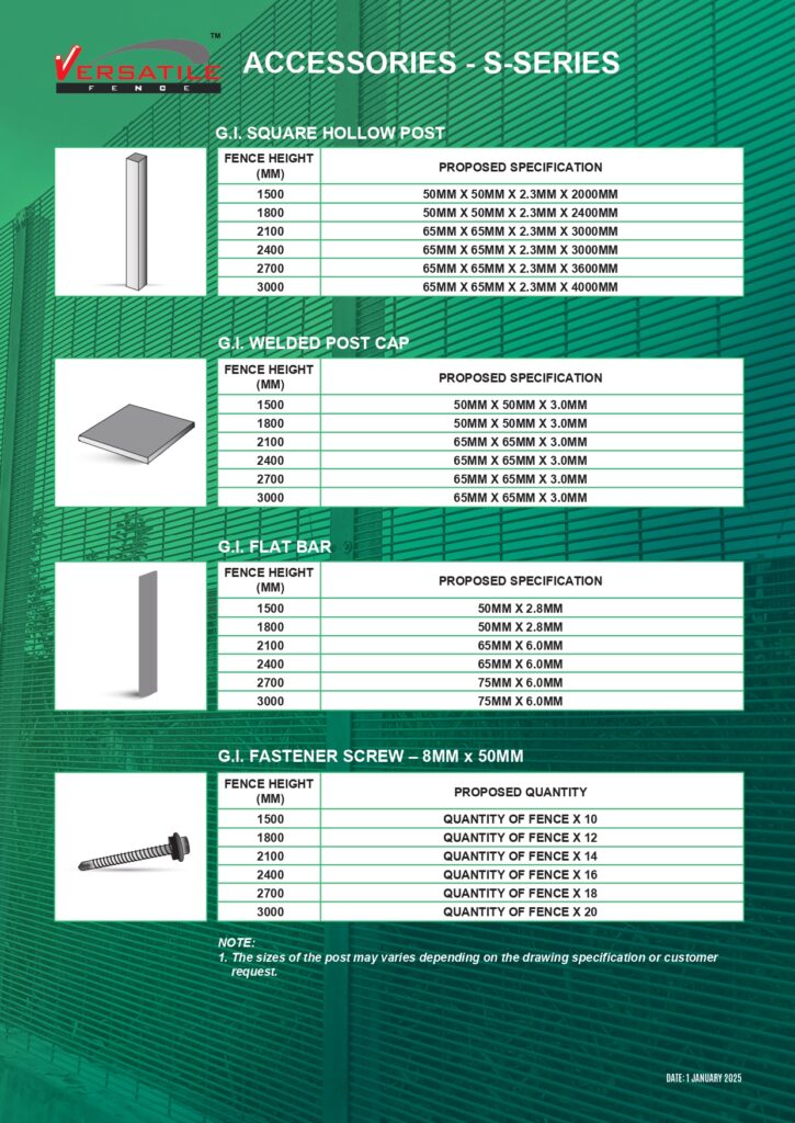 VERSATILE FENCE S-SERIES ACCESSORIES - SQUARE HOLLOW POST - WELDED POST CAP - FLAT BAR - FASTENER SCREW - YKVF - KUCHING_page-0001