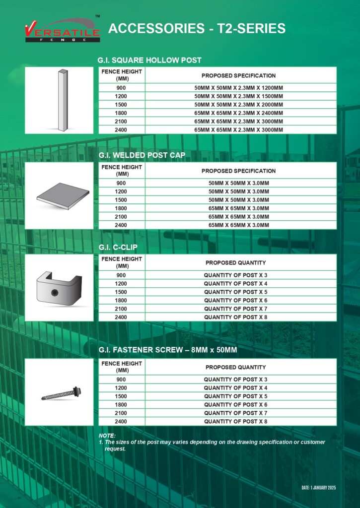 VERSATILE FENCE T2-SERIES ACCESSORIES - SQUARE HOLLOW POST - WELDED POST CAP - CLIP - FASTENER SCREW - YKVF - KUCHING_page-0001